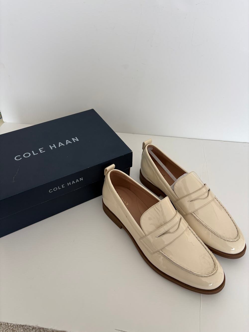 Cole Haan Stassi Penny Loafers Ivory Patent Leather Women’s Size 9.5 NEW BOX